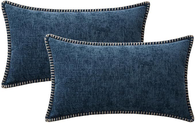 MIULEE Pack of 2 Lumbar Throw Pillow Covers 12x20 Inch Dark Blue Farmhouse Decorative Pillow Covers with Stitched Edge Soft Chenille Solid Dyed Pillow Covers for Couch Sofa Bed Living Room