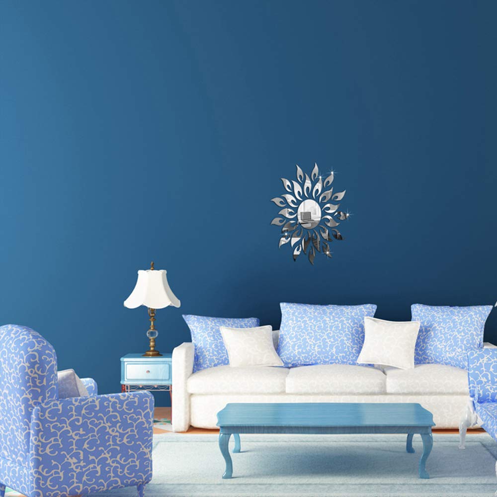 Sunflower Mirror Wall Stickers Decor, Round Acrylic DIY Self-Adhesive Wall Art Decals Miroir Mural Home Decorations for Living Room, Bedroom, TV Background Home Décor（Silver）