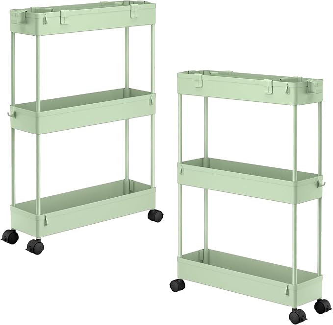 SPACELEAD 2-piece Set Slim Storage Cart 3 Tier,Bathroom Organizer Rolling Utility,Mobile Shelving Unit Slide Out for Office, Kitchen, Laundry Room & Narrow Places