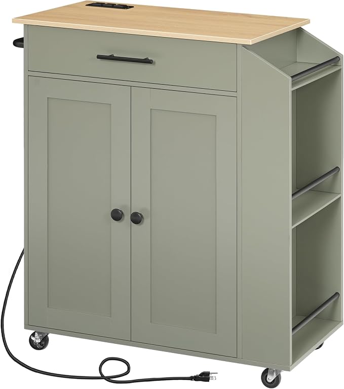 HOOBRO Kitchen Island with Power Outlet, Storage Island with Spice Rack and Drawer, Rolling Kitchen Cart on Wheels, for Home, Dining Room, Natural and Green JN82UZD01G1