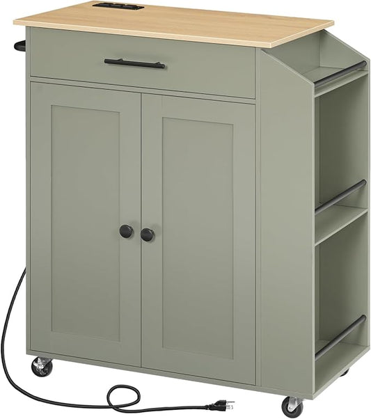 HOOBRO Kitchen Island with Power Outlet, Storage Island with Spice Rack and Drawer, Rolling Kitchen Cart on Wheels, for Home, Dining Room, Natural and Green JN82UZD01G1