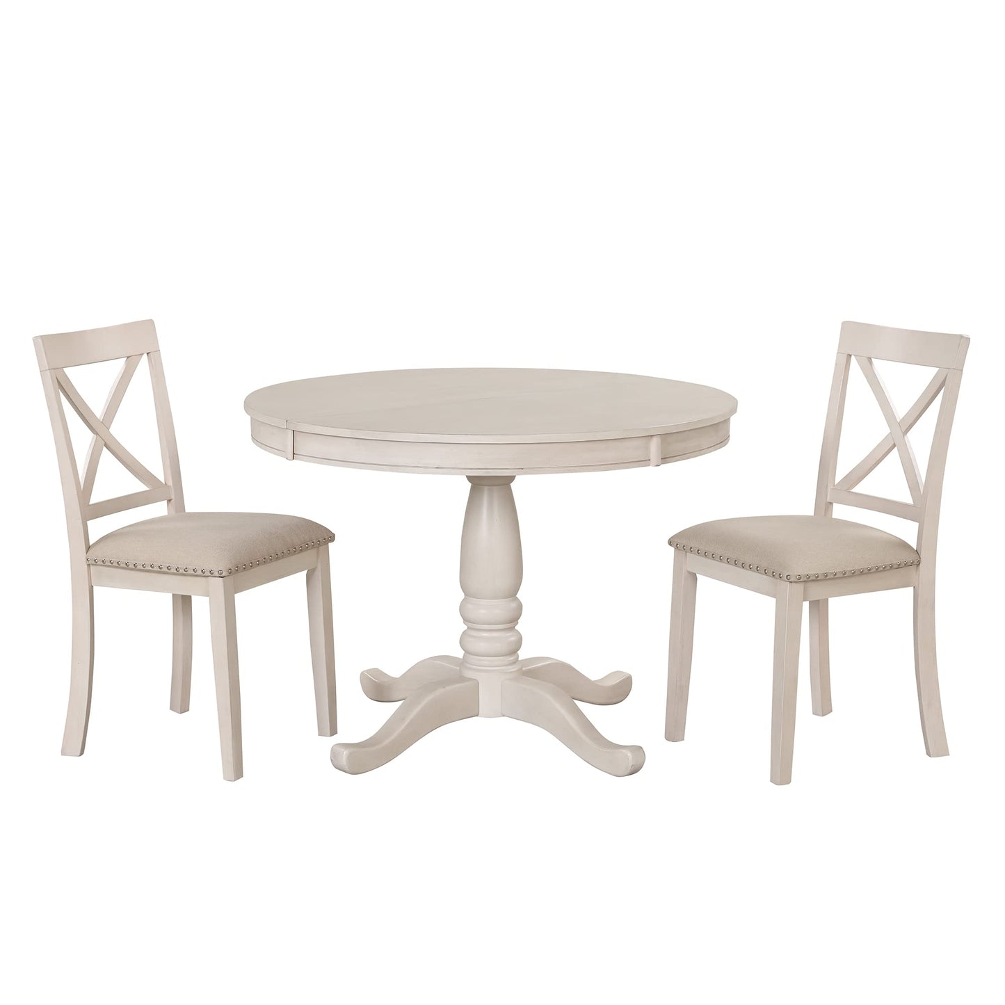 GDFStudio Modern Round Dining Table Set for 4, 5-Piece Kitchen Table with Extendable Oval Top and 4 Solid Wood Chairs, Small Space Furniture for Dining Room, Breakfast Nook, Dinette, Antique White