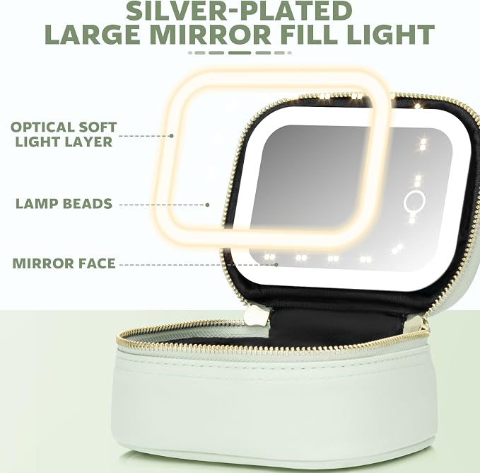 Mini Makeup Bag with Led Mirror, Small Travel Make up Bag 3 Light Modes Adjustable Brightness, for Women Organizer Cosmetic Bag, Portable Travel Train Toiletry Bag, for Pool Parties Work Touch-Ups