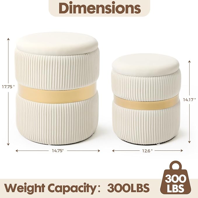 YYW HOME Velvet Round Ottoman with Storage Set of 2 for Livingroom Small Foot Stool Ottoman for Living Room Small Coffee Table Vanity Stool with Storage for Bedroom White