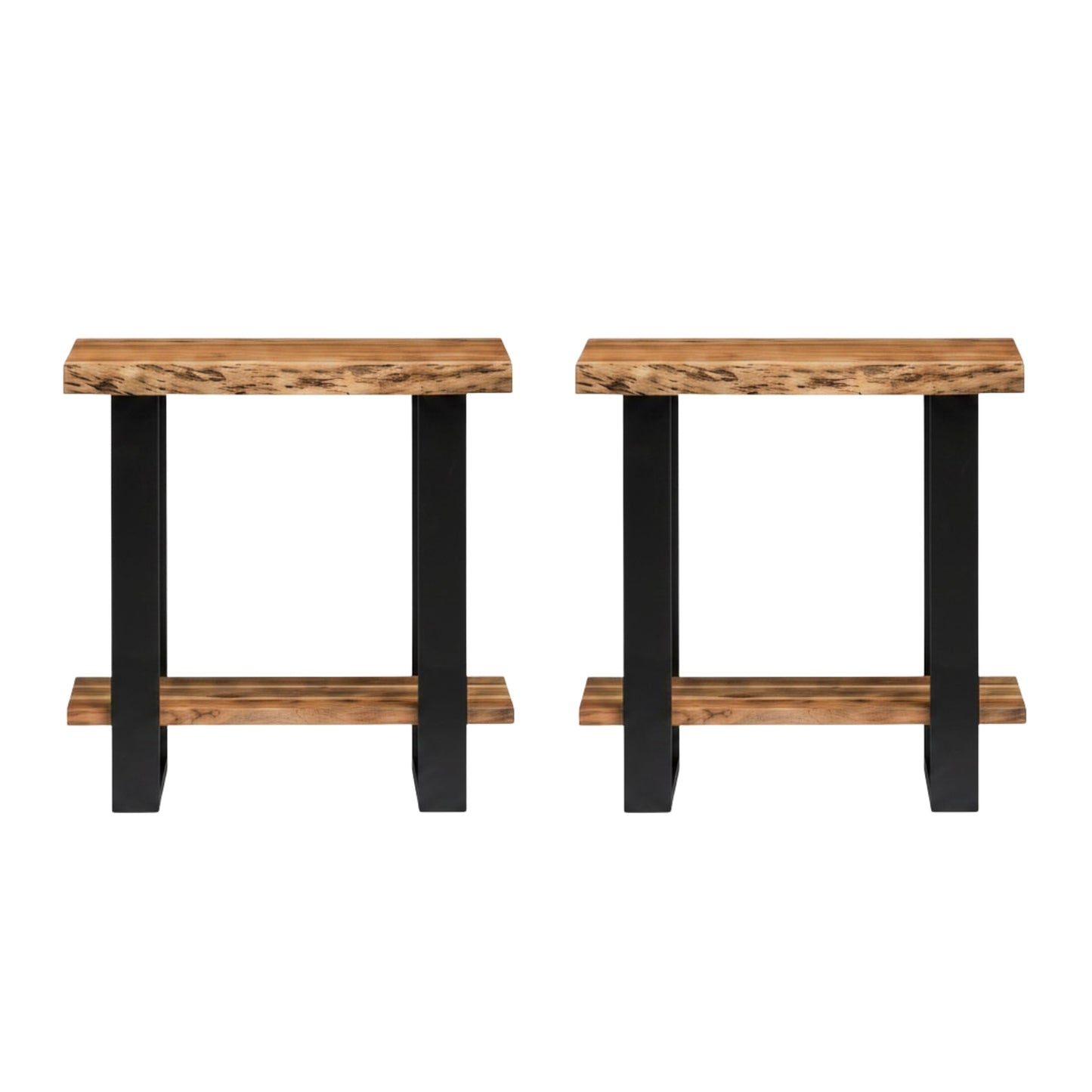 Alaterre Furniture Alpine Live Edge Modern End Table Set of 2-2-Tier Narrow Side Table Set with Open Storage Shelf - Solid Wood and Metal Modern Nightstands for Living Room or Bedroom (Natural)