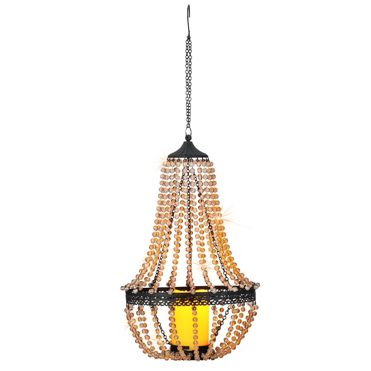 Hanging Candle Lantern Outdoor, 27” Battery Operated Modern Clear Acrylic Crystal Chandeliers with Flickering Yellow Led Candle Light S Hooks for Garden, Backyard, Gazebo, Room Indoor Indoor Decor