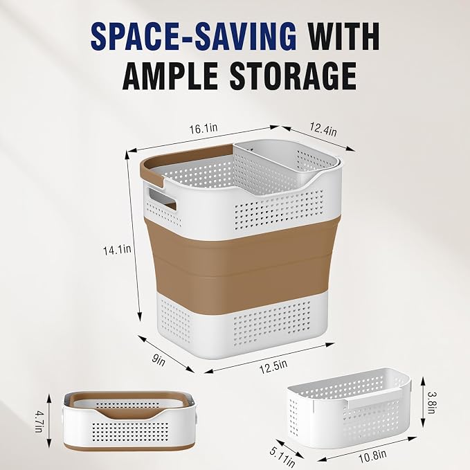 TECHMILLY Collapsible Plastic Laundry Basket Hamper with Handles, 35L Portable Rubber Clothes Basket, Pop Up Storage Container/Organizer with Hanging basket for Washing & Storage, Brown