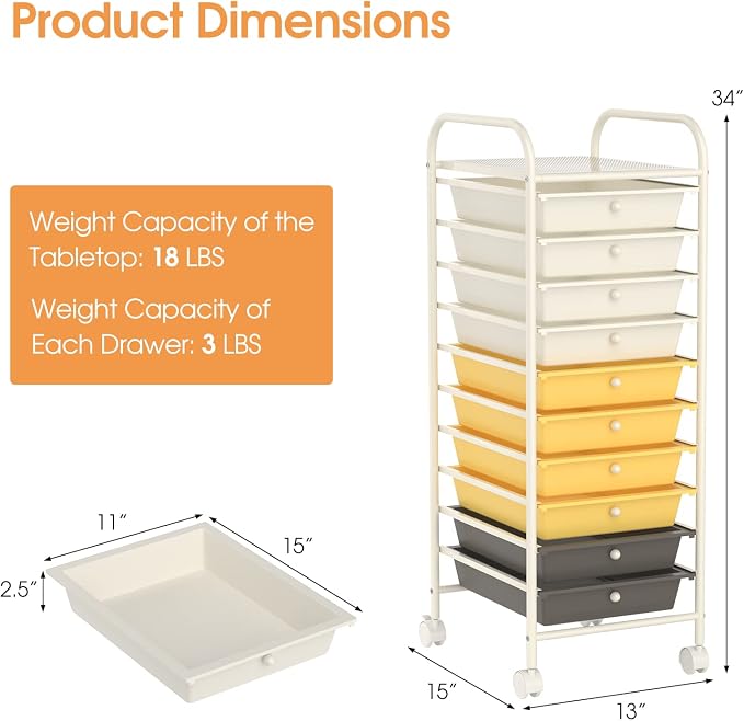 MEDIMALL 10 Drawers Rolling Storage Cart, Multipurpose Craft Storage Cart with Wheels, Mobile Tools Scrapbook Paper Organizer Cart for Office School Home Use (Yellow)