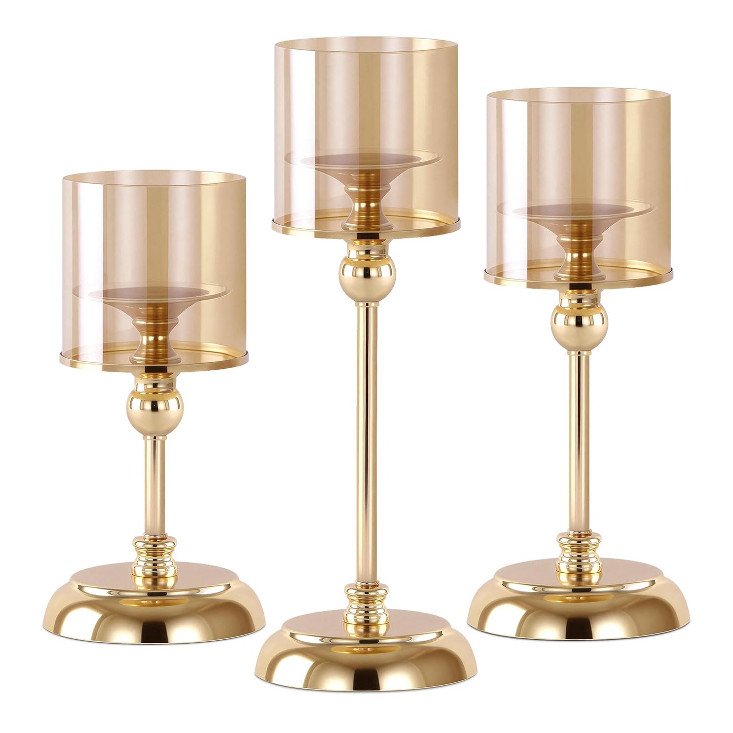 Oakernel Gold Hurricane Candle Holders - Set of 3 Tall Candlestick Holders Windproof Taper Candle Holders, Metal Stand for Table Centerpiece Outdoor Indoor Wedding Party Holiday Decor