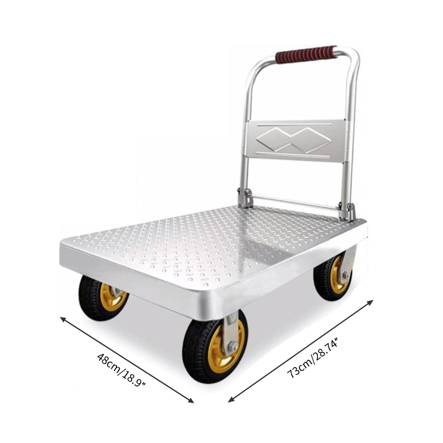 Heavy-Duty Metal Platform Cart - Flatbed Trolley with 360° Swivel Wheels and Folding Handle for Supermarkets, Warehouses, and Garages