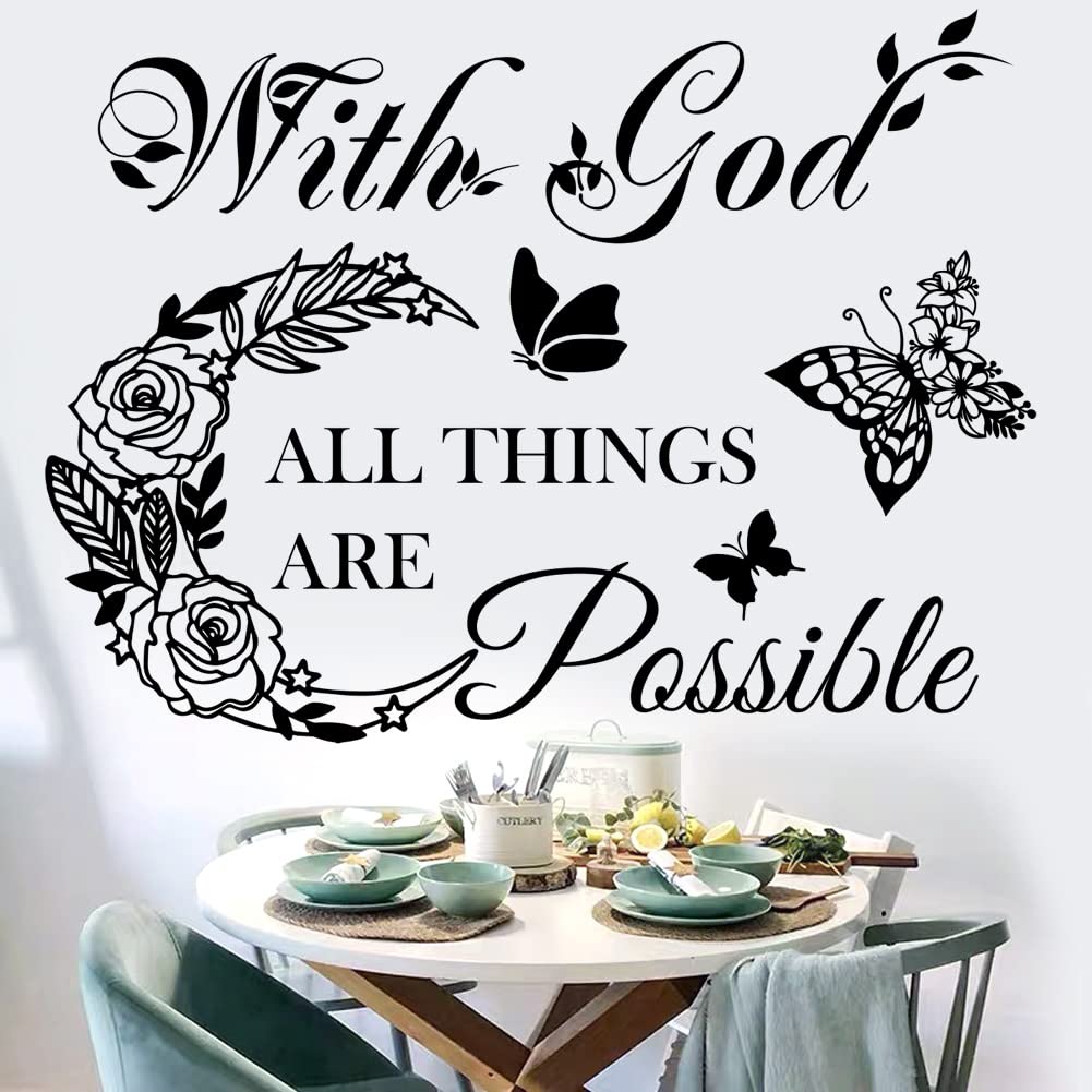 Inspirational God Things are Possible Vinyl Wall Sticker Peel and Stick Quote Bible Sticker Christian Wall Decor Quote Wall Art Stickers for Home Walls Living Room Bedroom Decoration