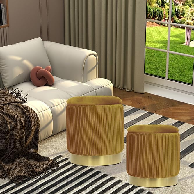 YYW HOME Round Ottoman with Storage Set of 2 Velvet Yellow Foot Stool for Living Room or Dorm, Vanity Stool Chair for Bedroom Small Ottoman Coffee Table, Removable Lid, Hallway, Assembly Free