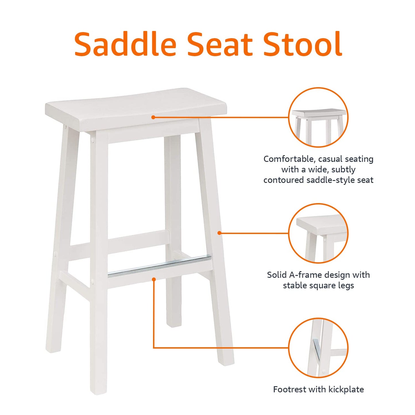 Amazon Basics Solid Wood Saddle-Seat Counter Height Bar Stools for Kitchen Island and Home Bar with Footrest, 29-Inch Height, White, Set of 2