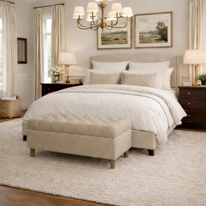 Homepop Home Decor | Tufted Ainsley Button Storage Ottoman Bench with Hinged Lid | Ottoman Bench with Storage for Living Room & Bedroom, Light Tan Textured Solid