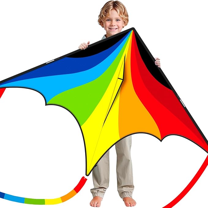 Delta Kite for Kids & Adults, Extremely Easy to Fly Kites, Single Line Beach Kite with Winder for Family Outdoor Games & Activities (Delta Rainbow)