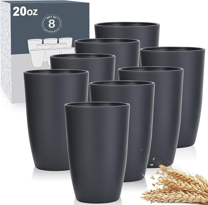 Wrova Wheat Straw Cups 8 PCS Good Alternative to Plastic Reusable Cups 20 oz Unbreakable Drinking Cup Reusable Dishwasher Safe Water Plastic Glasses Deep Gray