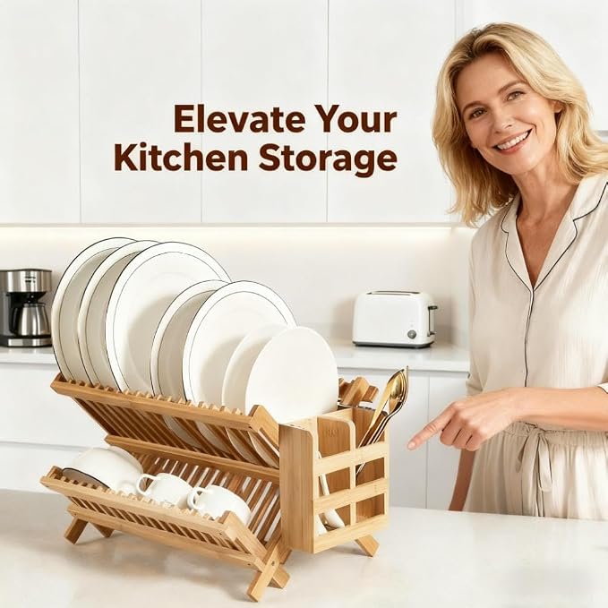 QUEENKAY Dish Drying Rack Collapsible 2-Tier Bamboo Dish Rack for Kitchen Counter Wooden Dish Drainer with Foldable Space-Saving Design for Dishes, Plates, and Cups