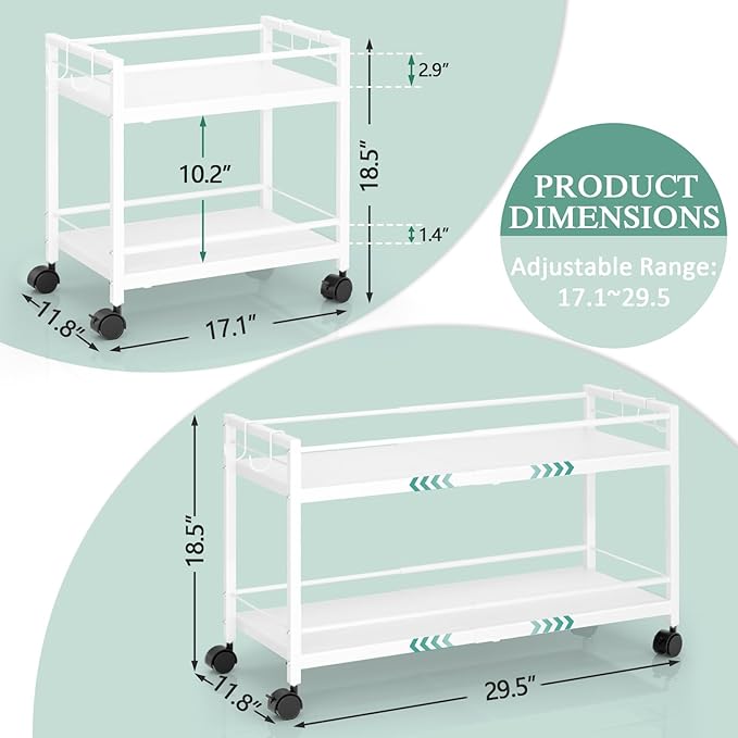 2 Pack 2-Tier Expandable Rolling Pantry Cart with Wheels, Adjustable Floor Organizer for Kitchen Pantry, Can Organizer for Pantry, Storage Cart for Snack, Food, Vegetables, White, Patent Pending