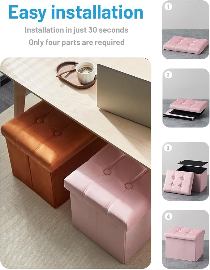 AmasSmile 2PC Storage Ottoman Foot Rest Stool, 17 inch Velvet Footstool Bench, Short Ottomans Stool, Small Folding Storage Ottoman Store Books, Records, Pink