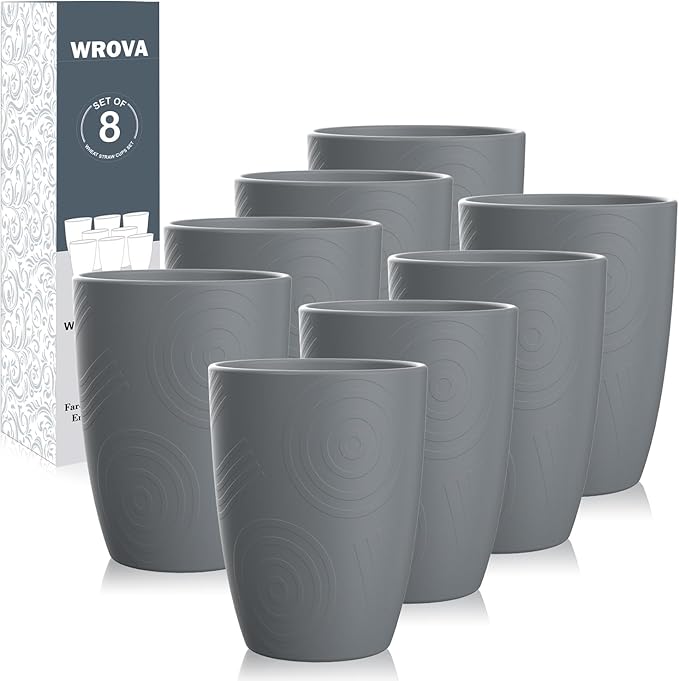 Wrova Wheat Straw Cups 8 PCS Good Alternative to Plastic Reusable Cups 12 oz Unbreakable Drinking Cup Reusable Dishwasher Safe Water Plastic Glasses Grey