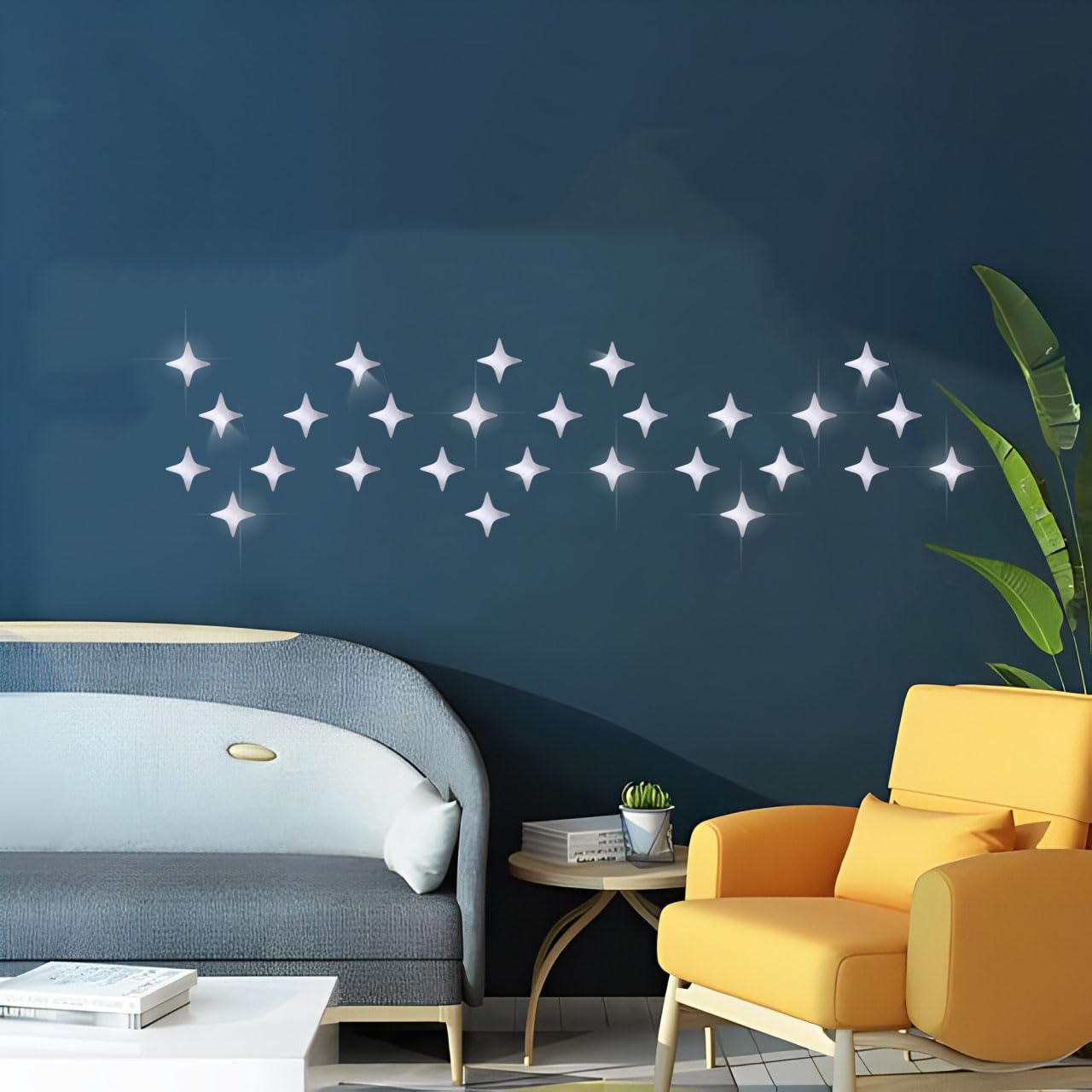 50pcs Star Sparkle Wall Sticker Removable 3D Wall Mirror Stickers Decals, Acrylic Mirrors, Silver Art Decorations for Home Wall Top Living Room Bedroom Background Waist Line - 5 * 5cm