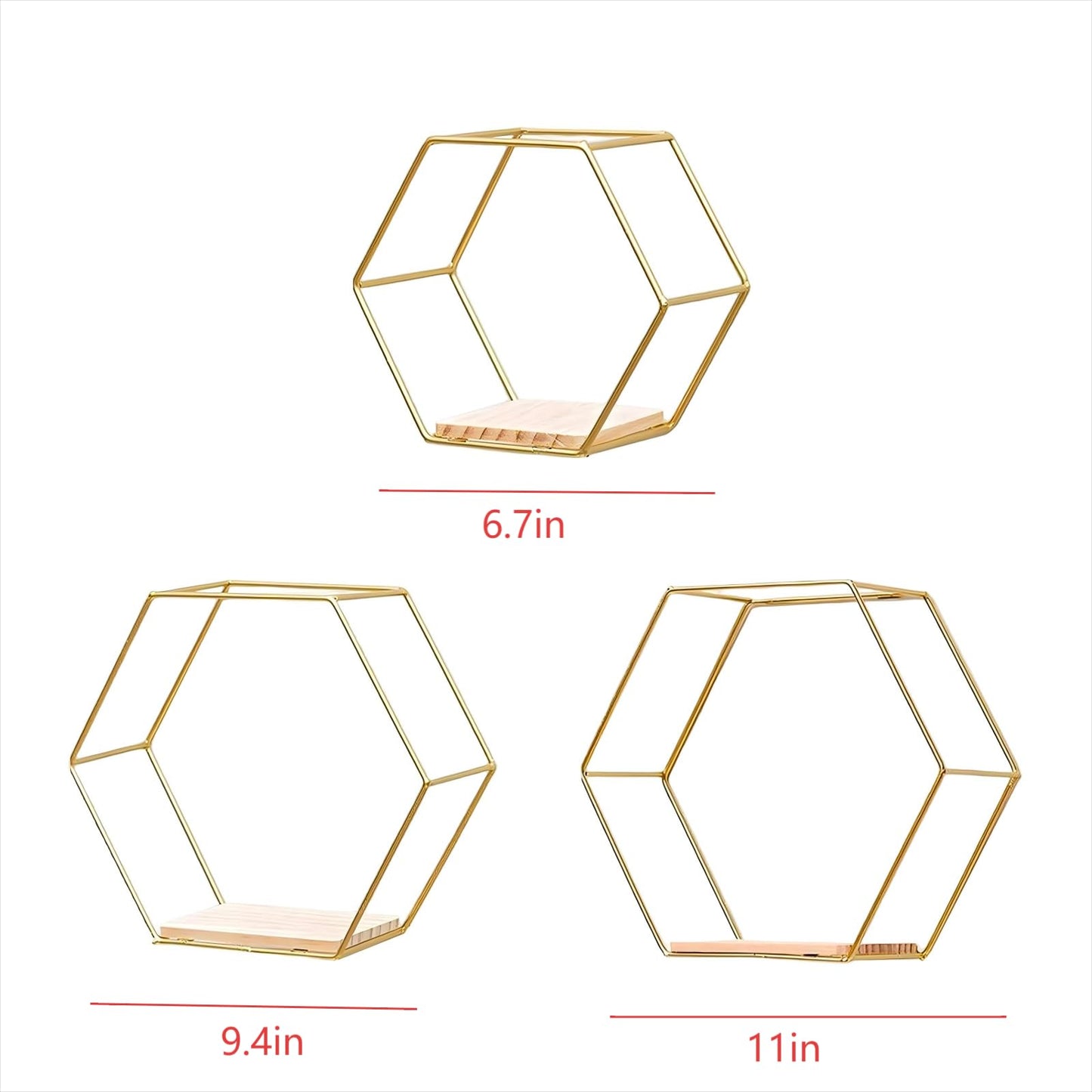 CXYNDFA Gold Hexagon Wall Shelves Set of 3 - Floating Metal Shelves for Wall Mounted Decor, Geometric Shelving for Bedroom, Living Room, Kitchen & Office