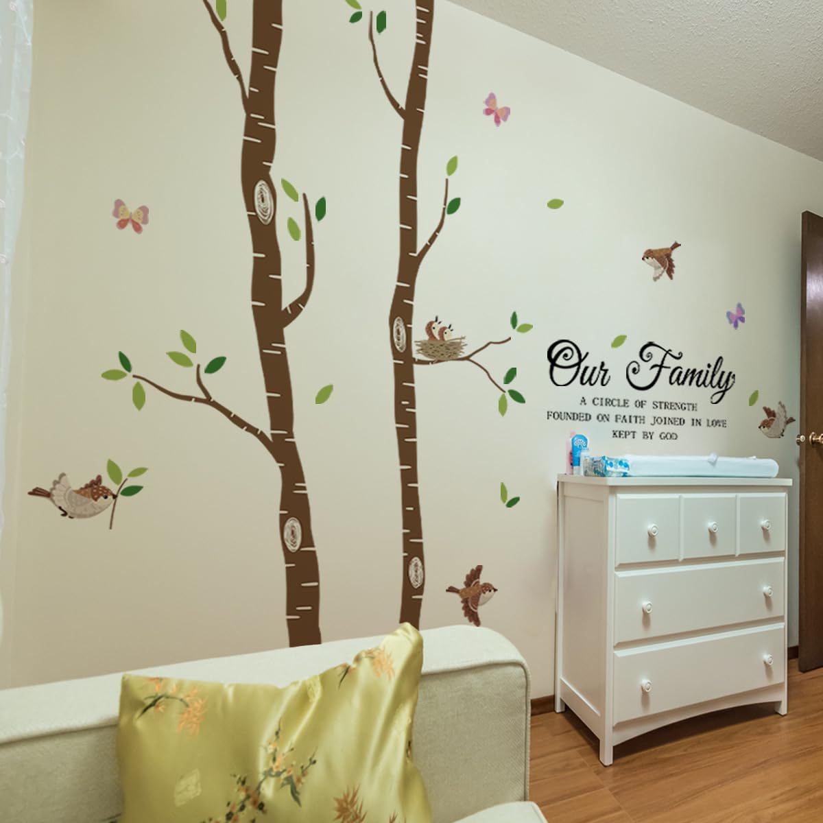 iMagitek Large Birch Tree Birds Wall Decals, Religious Family Quotes Wall Stickers for Living Room Home Decor, 109x94 Inches