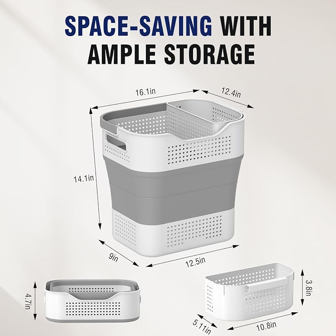 TECHMILLY Collapsible Plastic Laundry Basket Hamper with Handles, 35L Portable Rubber Clothes Basket, Pop Up Storage Container/Organizer with Hanging basket for Washing & Storage, Grey