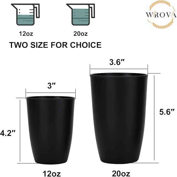 Wrova Wheat Straw Cups 8 PCS Good Alternative to Plastic Reusable Cups 12 oz Unbreakable Drinking Cup Reusable Dishwasher Safe Water Plastic Glasses Pure Black
