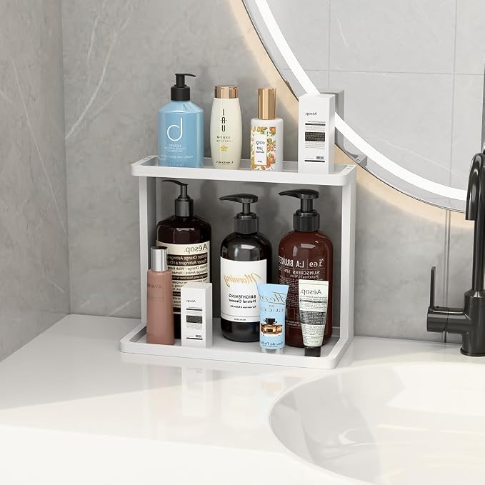 PEKER Bamboo Bathroom Organizer Countertop – Small Vanity Storage Shelf for Makeup, Perfume, Skincare – Natural Cosmetics Display Rack for Dresser, Sink, Kitchen –White