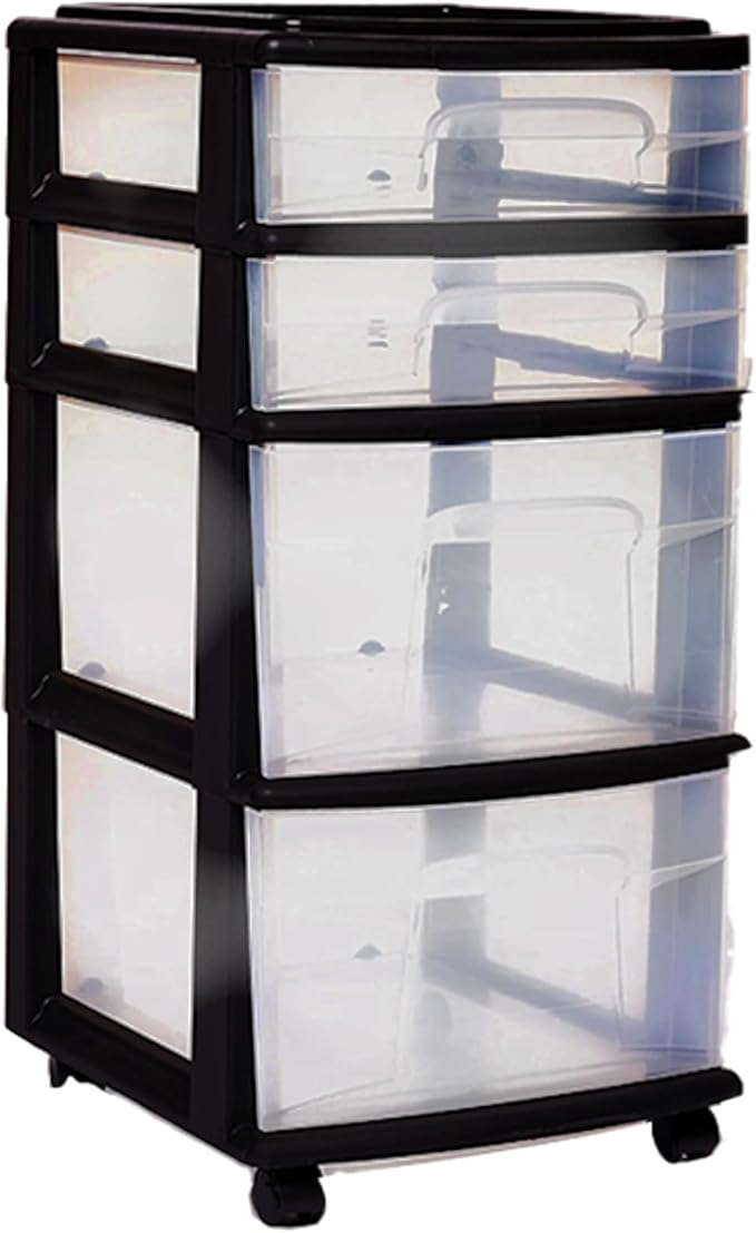HOMZ Drawer Tower, 4-Tier Clear Plastic Storage Organizer Cart, Black Frame - Multi-Purpose Rolling Drawers with Wheels for Bedroom, Bathroom, and Office Organization