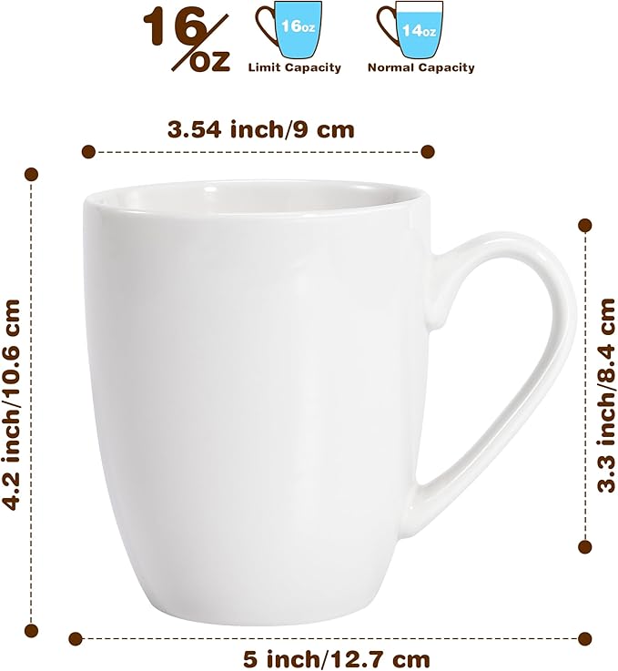 Urbanstrive 16 oz Large Coffee Mug with Handle Tea Cup Novelty Coffee Cup Idea Gift for Men Women Office Work, White (White)