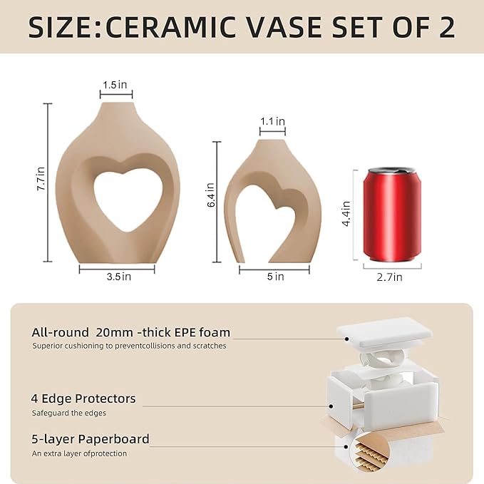 Brown Ceramic Flower Vases Home Decor Heart Shaped Vase Set of 2 Nordic Heart Shaped Vases, Minimalist Decorative Vase for Table Centerpiece Wedding Dining Living Room Office House Decoration