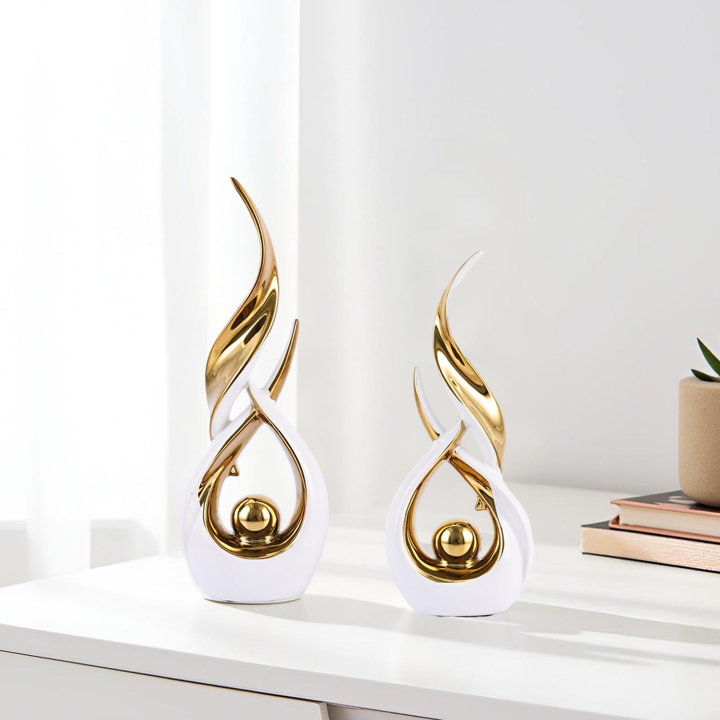 Gold Ceramic Abstract 2 Piece Statue Set,Mid Century Modern Abstract Art Home Decor Statue Mantelpiece on Unique Shelf Decor, TV Cabinet Divider Table top and Dining Table Centerpiece (White Gold)