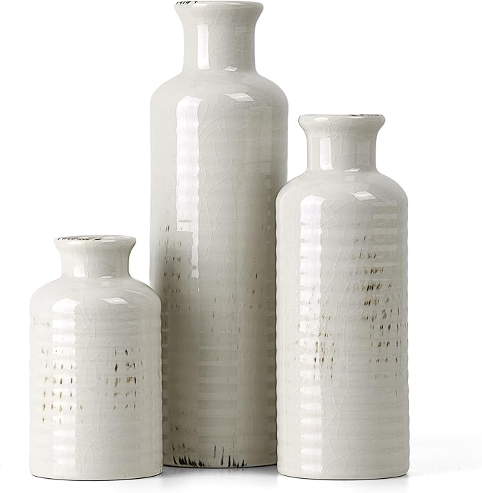 White Ceramic Vase Set of 3, Rustic Vase for Farmhouse Shelves, Ocean Beach Style, Mantle, Fireplace, Coffee Table, Shelf for Living Room