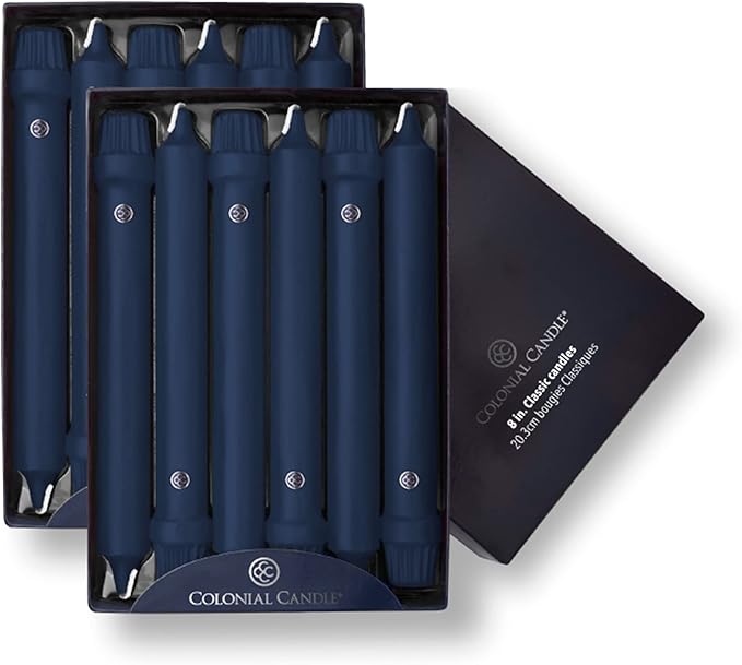 Colonial Candle Unscented Taper Candle, Classic Collection, Indigo, 8 In, Pack of 12 - Up to 6 Hours Burn