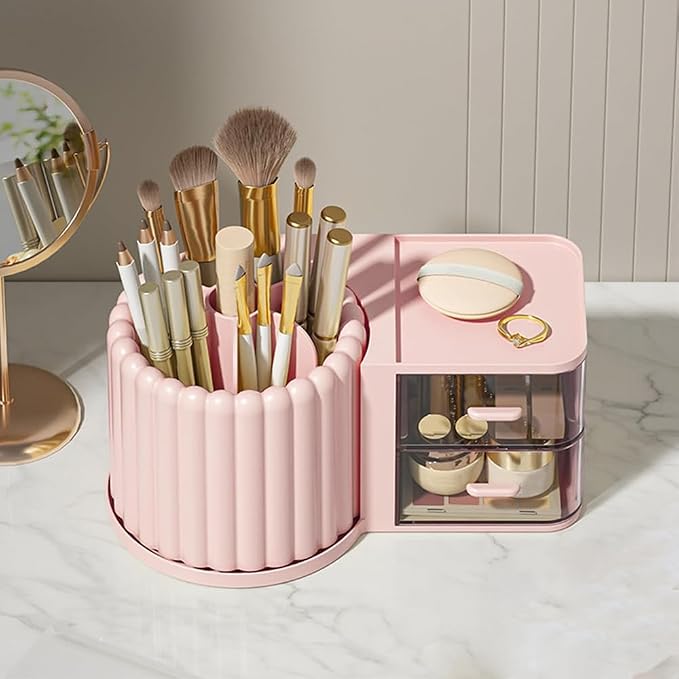 360 Rotating Makeup Organizer Countertop with 2 Drawers, Makeup Brush Holder, Small Preppy Organizer, 9.25x5.11 Inch, Pink