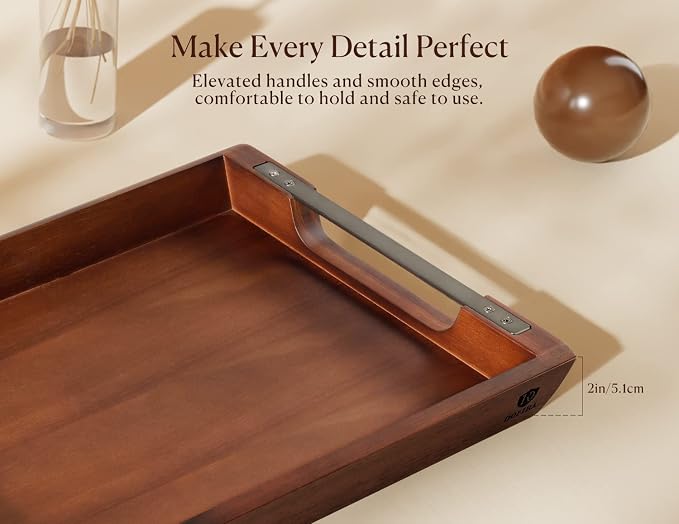 Acacia Wood Serving Tray with Metal Handles, 17x13in Food Drinks Tray for Coffee Table, Breakfast, Dinner & Bar, Rustic Decorative Storage Tray for Ottoman, Kitchen, Elegent Gift for Father