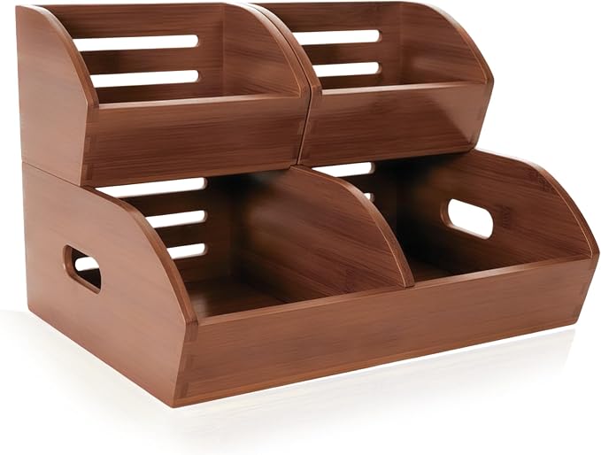 Potato and Onion Storage Bin for Pantry and Kitchen, Ventilated Stackable Bamboo Storage Bins with Handles - Multipurpose Organizers, Produce Containers for Bread, Vegetable, Fruit (Walnut, 3 Pack)