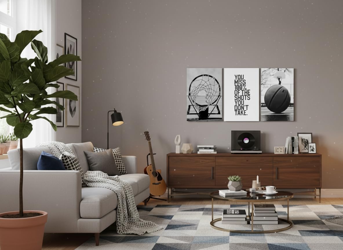 Basketball Wall Art Inspirational Sport Theme Canvas Poster Prints Motivational Sports Pictures Paintings Black and White Basketball Hoop and Ball for Bedroom Gym Office Wall Decor Unframed