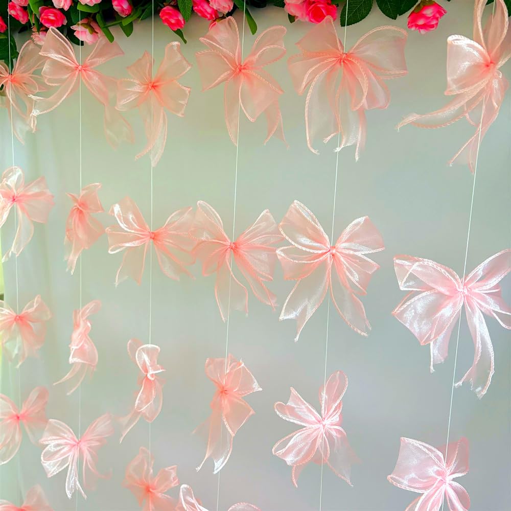 YMASELA Pink Bow Hanging Garlands (6.6ft X4strings) Sheer Chiffon Ribbon Bowknot Hanging Decorations Party Streamers for Wedding Bridal Shower, Girl Bow Theme Bachelorette Party Baby Shower Supplies