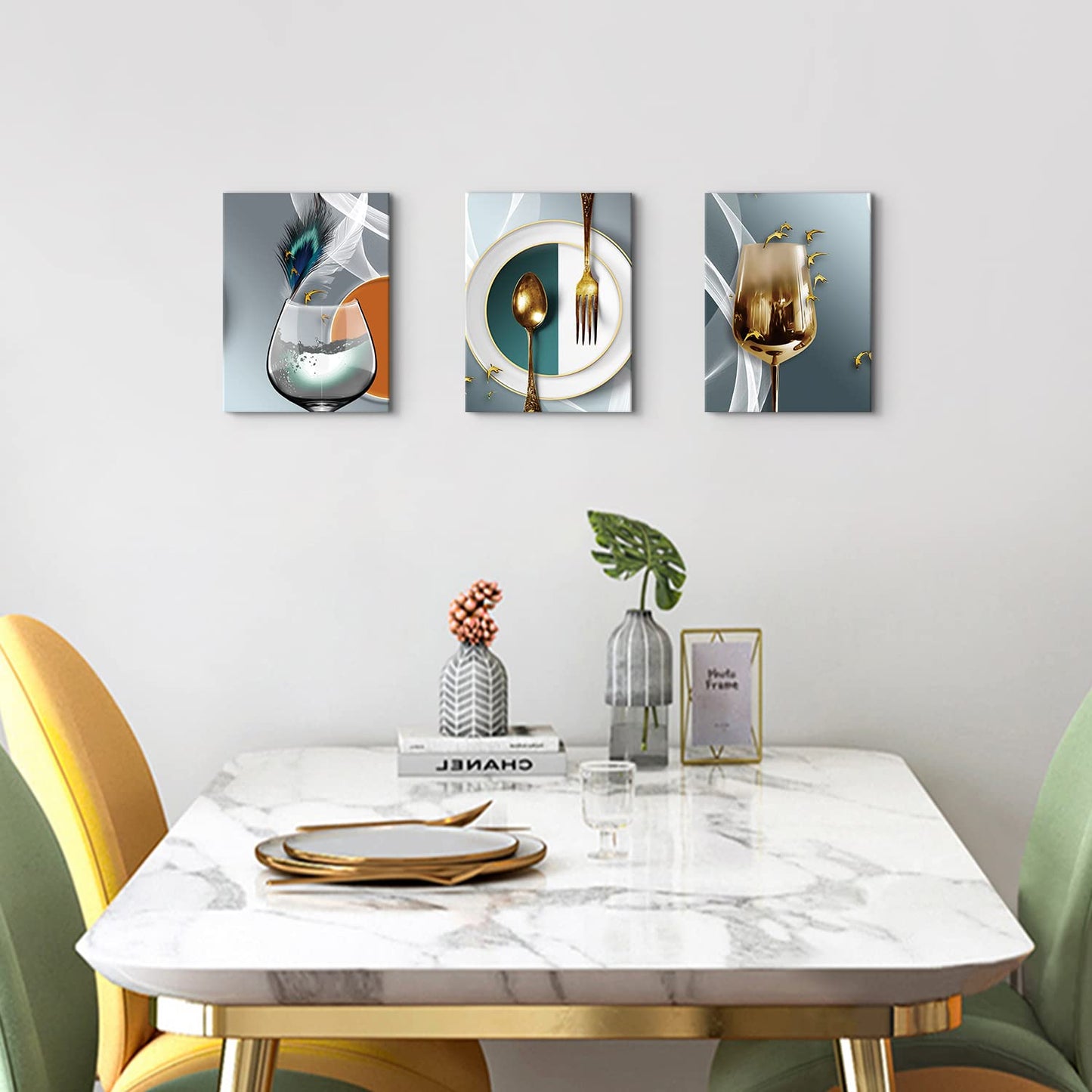 Dining Room Wall Art Set of 3 Teal Gold Wine Glass Wall Art Modern Abstract Wine Pictures Wall Decor Kitchen Tableware Canvas Wall Art Gray Gold Dining Room Wall Decor Kitchen Home Decoration 12x16"