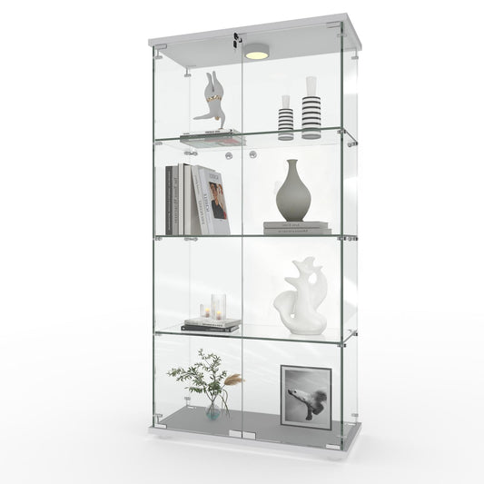 GarveeHome 4 Shelves Display Cabinet, Tempered Glass Curio Showcase with LED Light & Lock, Double Doors Storage Cabinet for Living Room Bedroom Office, White, 64x31.7x14.3 Inch