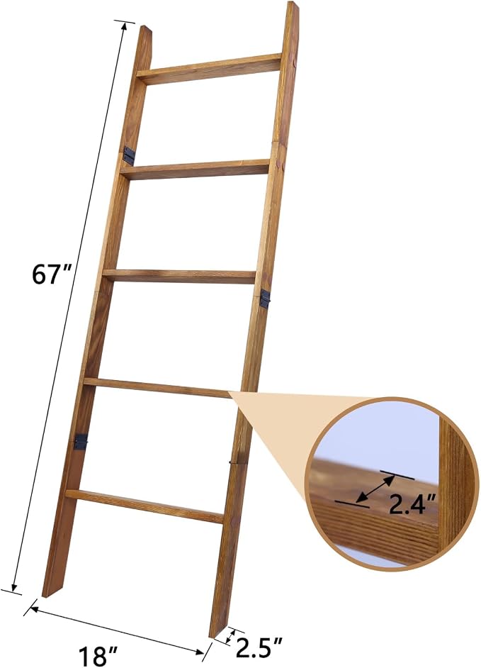 Blanket Ladder, 5-Tier Wooden Quilt Stand, Decorative Ladder Shelf, Leaning Shelf, Wall Leaning Blanket Ladder Towel Storage Rack for Living Room, Walnut