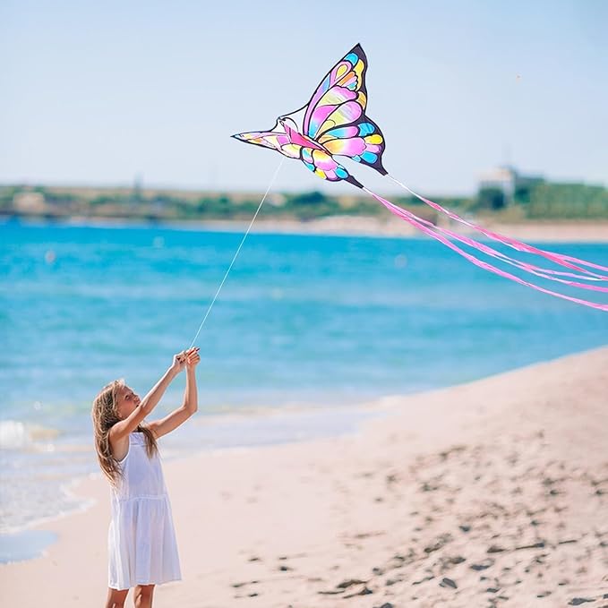 Simxkai Butterfly Kite for Kids & Adults, Easy to Fly Blue Big Kite for Beginners, Line Handle Included (1Pack 2Pack)