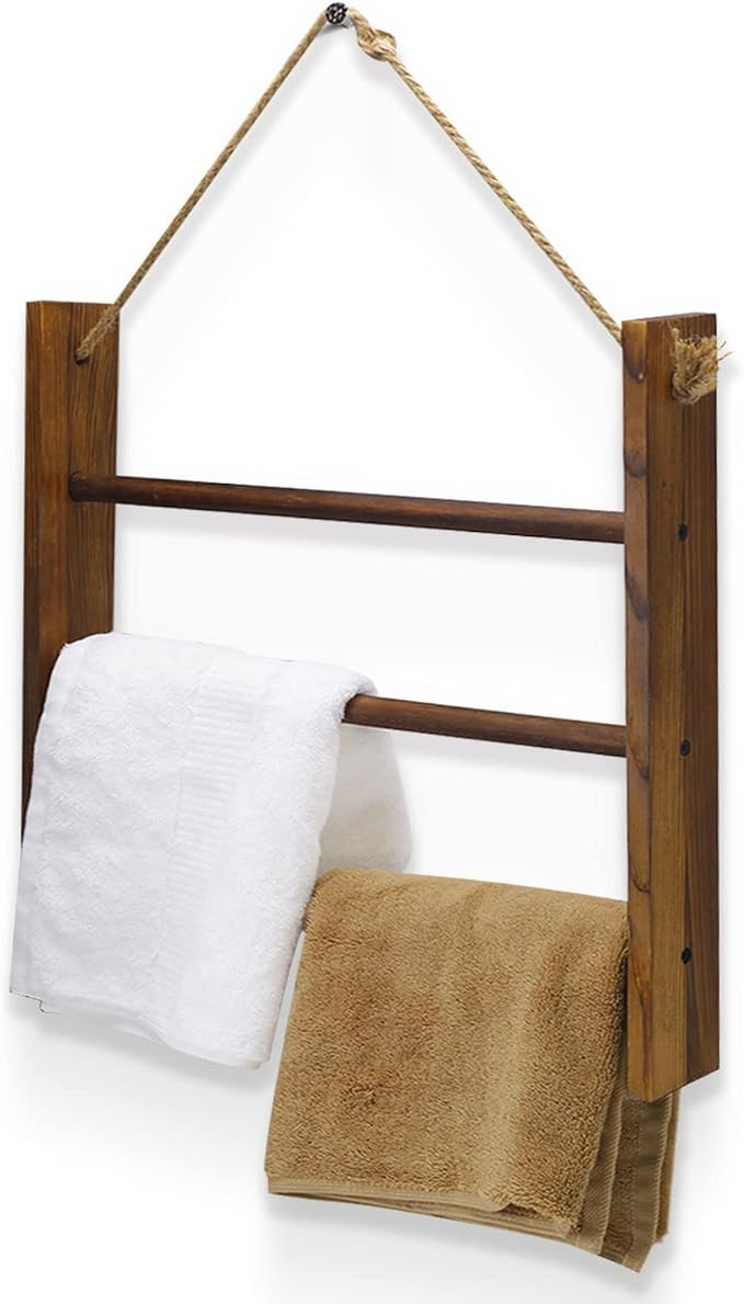 Drak Brown Towel Ladder - Rustic Decorative Blanket Rack for Bathroom & Living Room, Hanging Hand Towel Rack