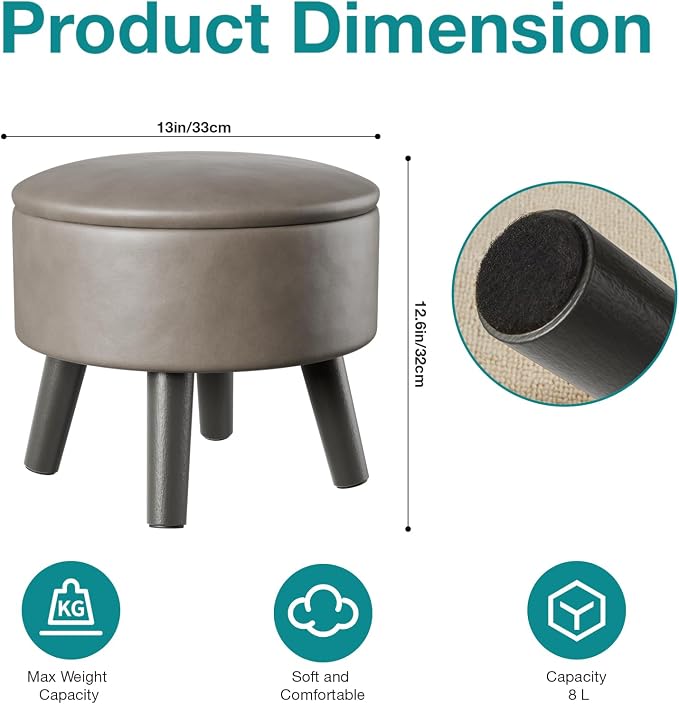 Small Foot Stool Ottoman with Storage, Faux Leather Ottoman Foot Rest for Couch, Round Footstool Ottomans for Living Room (Gray)