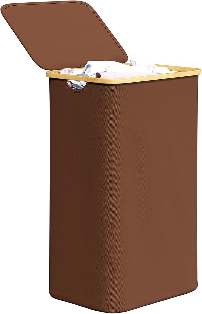 SpaceAid Laundry Hamper with Lid, 110L Large Tall Clothes Basket Bin with Bamboo Handles, Collapsible Laundry Hamper for Bedroom, Bathroom, Dorm, Laundry Room - Brown