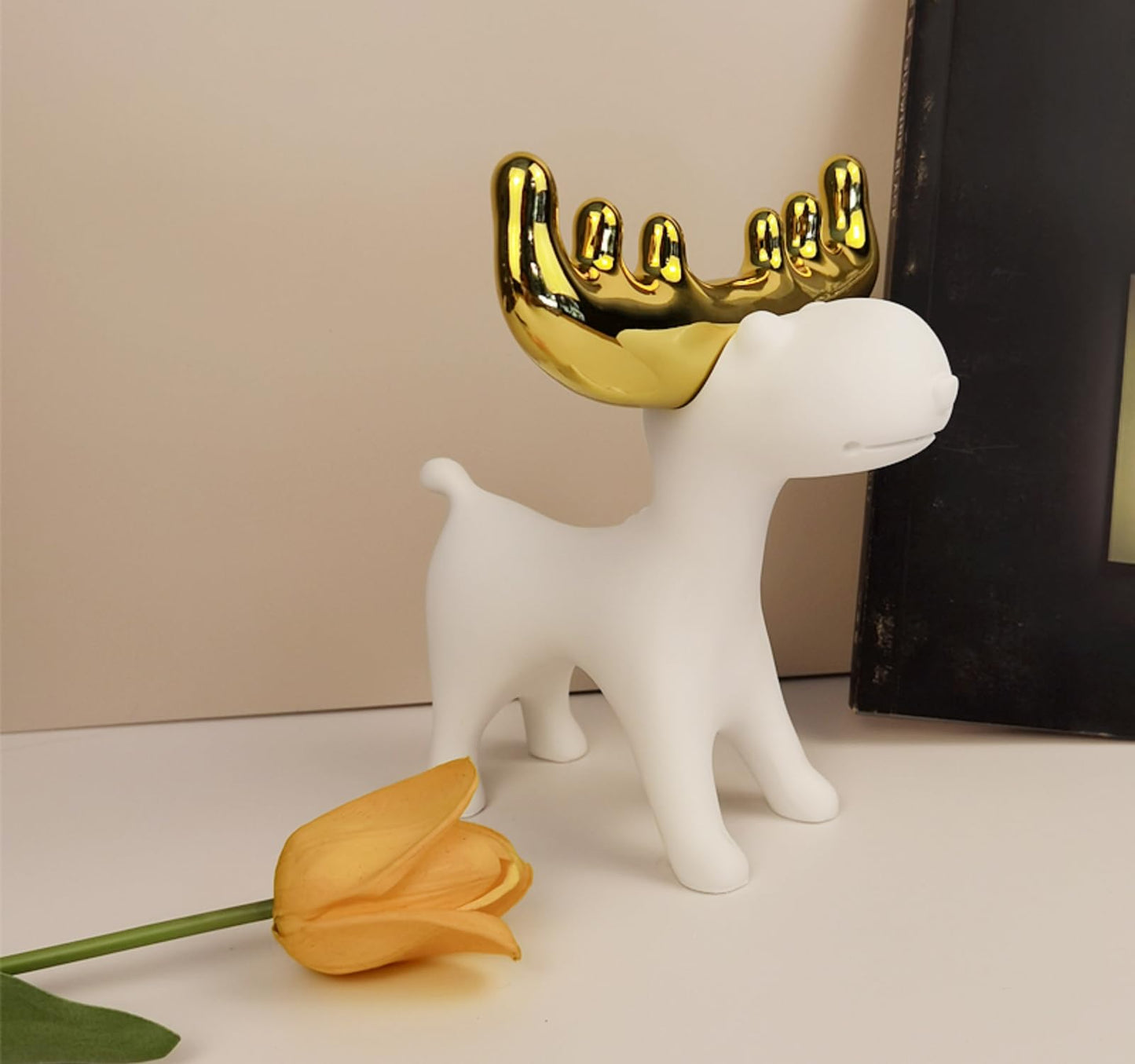 ZMLOOK Modern White Resin Deer Figurine with Gold Antlers – 7.48 x 69 x 7.72 Minimalist Animal Sculpture for Home & Desk Decor(Standing/Reclining Style)