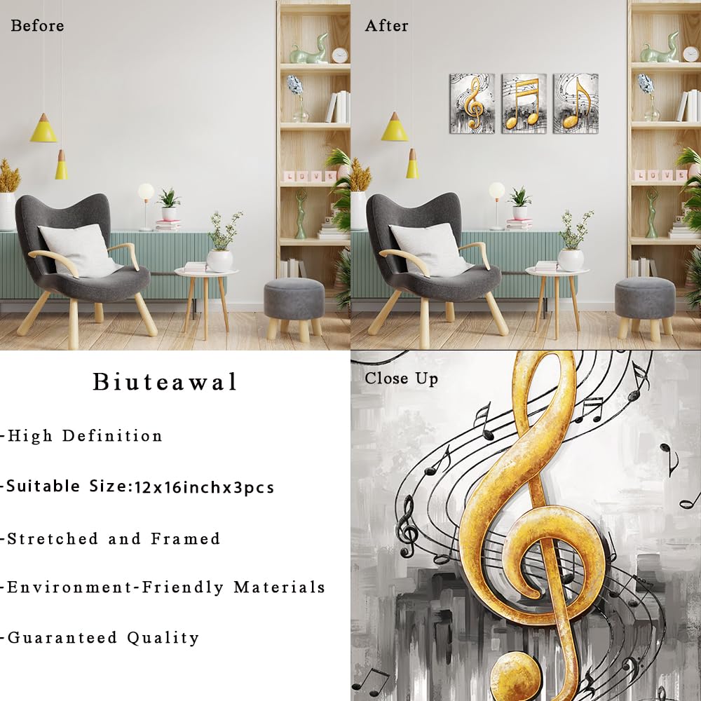 Biuteawal 3Pcs Music Notes Wall Art Grey and Gold Canvas Painting Musical Art Pictures Prints Modern Stylish Music Room Classroom Wall Decor Framed